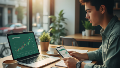 Seorang pemuda Gen Z serius mengelola keuangan digitalnya menggunakan laptop dan smartphone di kafe, menunjukkan investasi dan manajemen uang.